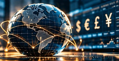 Globo conectado e símbolos de moedas internacionais