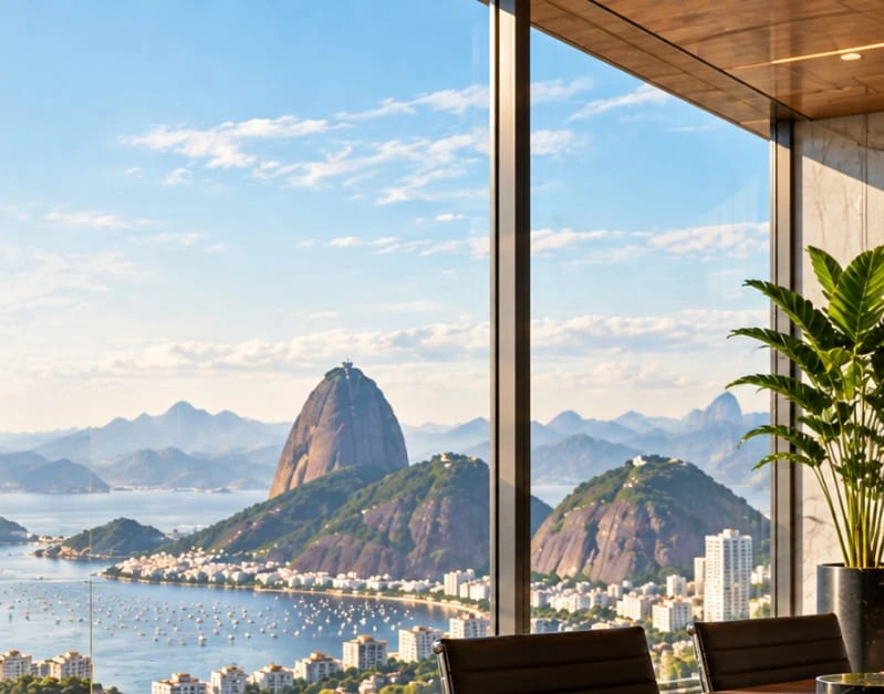 Ambiente de negócios com vista para as montanhas e a baía do Rio de Janeiro